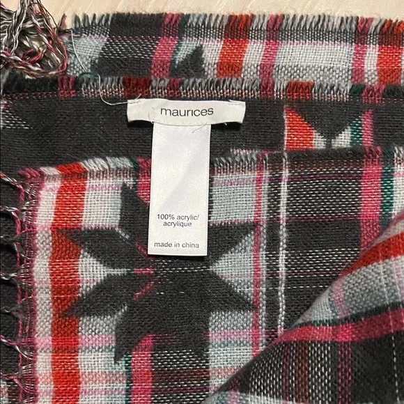 NWOT Maurices Black Plaid Scarf with Red and Gray Star Accents - Picture 2 of 4